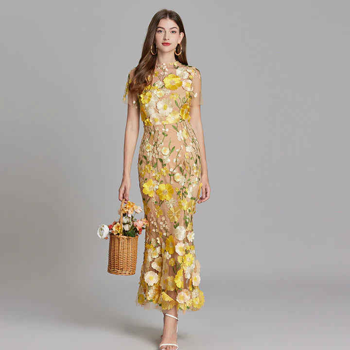 Daphne – Floral Lace Overlay Dress with Cap Sleeves