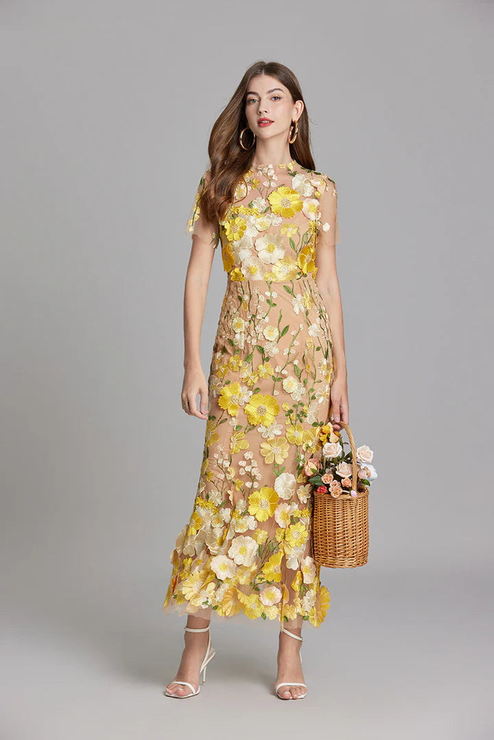 Daphne – Floral Lace Overlay Dress with Cap Sleeves