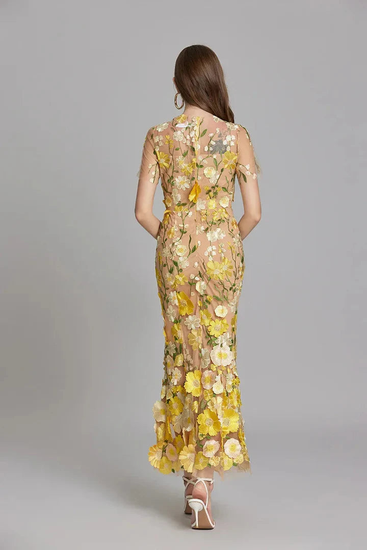 Daphne – Floral Lace Overlay Dress with Cap Sleeves