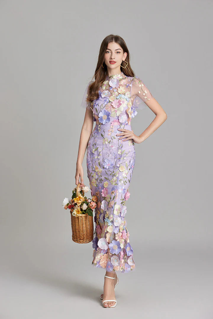 Daphne – Floral Lace Overlay Dress with Cap Sleeves