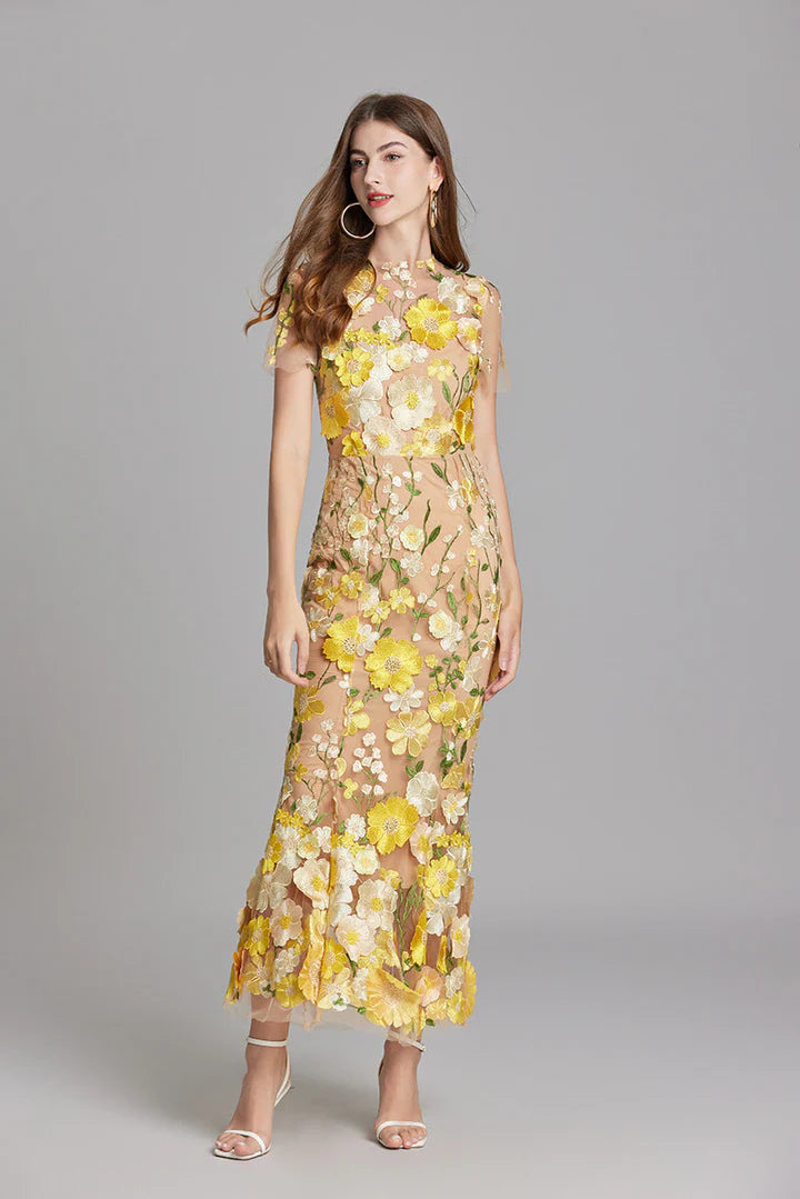Daphne – Floral Lace Overlay Dress with Cap Sleeves