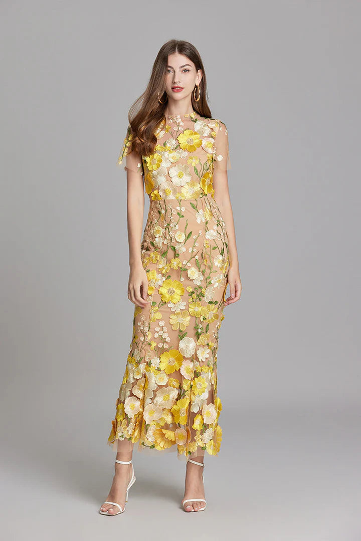 Daphne – Floral Lace Overlay Dress with Cap Sleeves