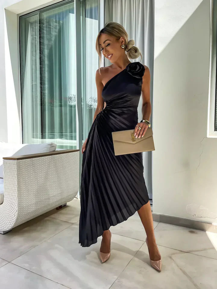 Delilah – Pleated Midi Dress with Draped Bodice and Rose Appliqué