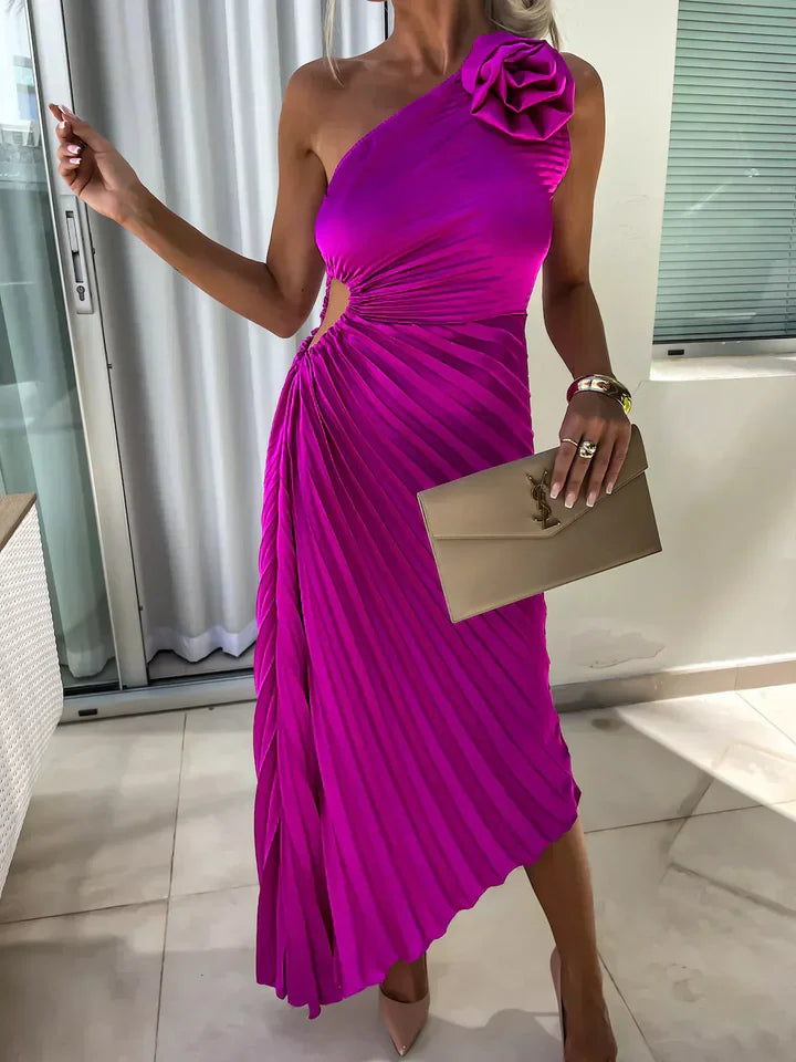 Delilah – Pleated Midi Dress with Draped Bodice and Rose Appliqué