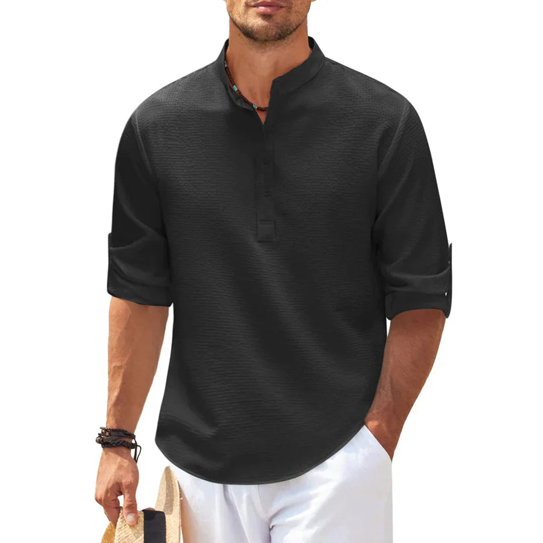 Dominik – Casual Henley Shirt with Mandarin Collar and Rolled Sleeves