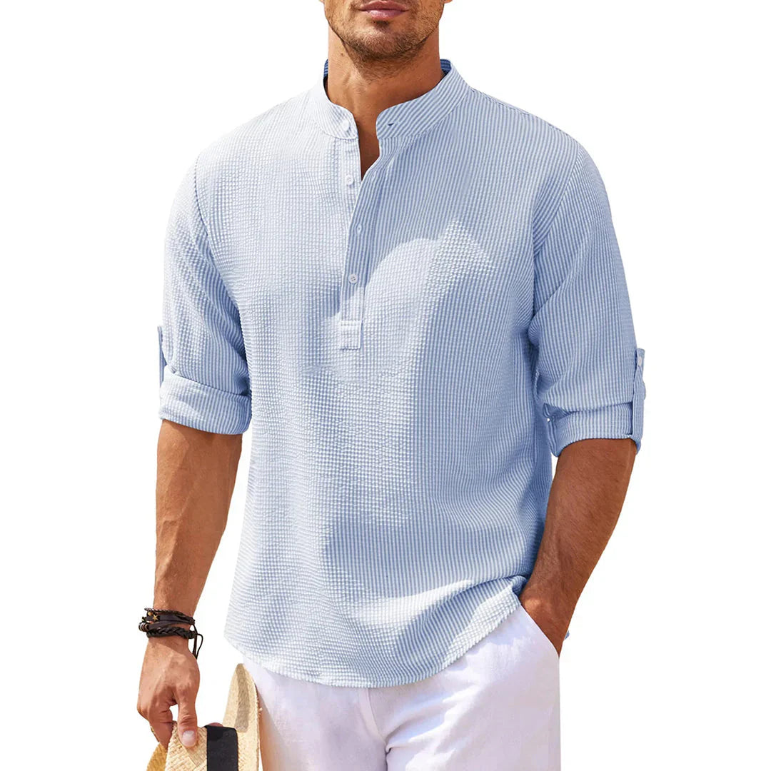 Dominik – Casual Henley Shirt with Mandarin Collar and Rolled Sleeves