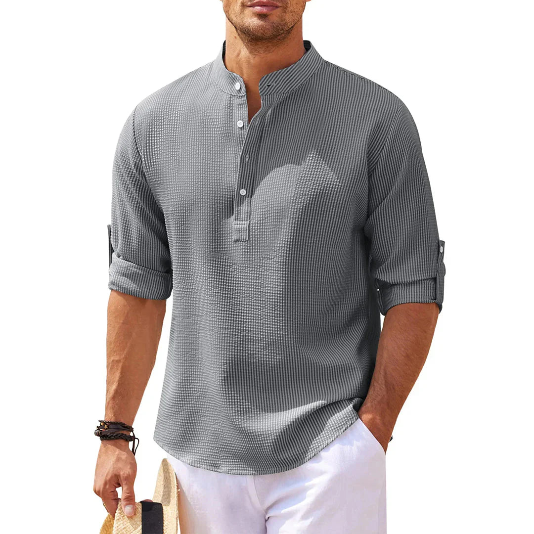 Dominik – Casual Henley Shirt with Mandarin Collar and Rolled Sleeves