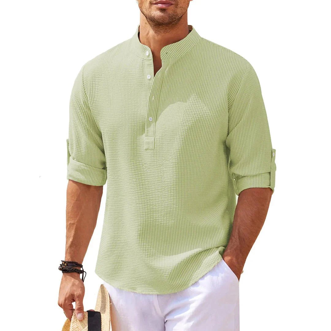 Dominik – Casual Henley Shirt with Mandarin Collar and Rolled Sleeves