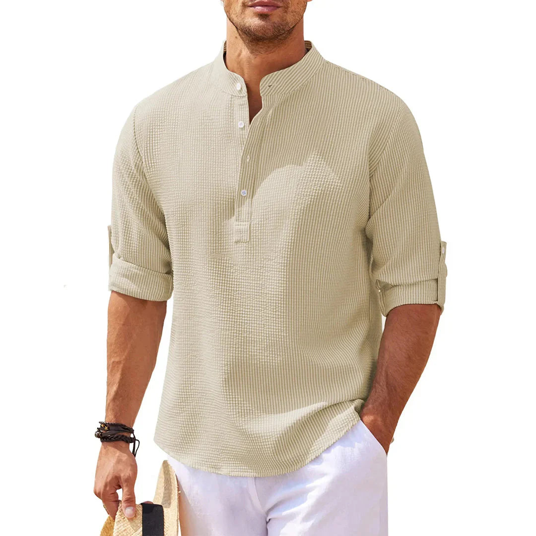 Dominik – Casual Henley Shirt with Mandarin Collar and Rolled Sleeves