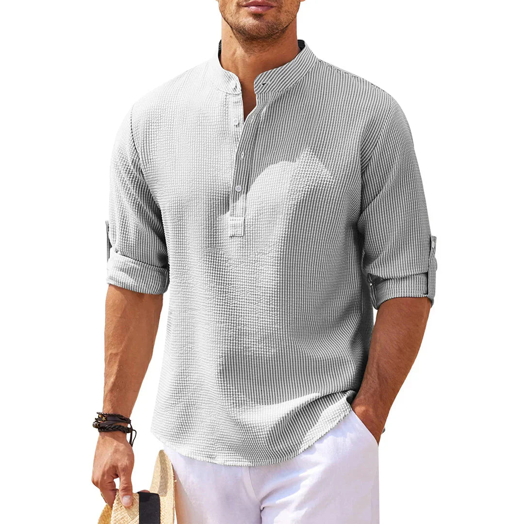 Dominik – Casual Henley Shirt with Mandarin Collar and Rolled Sleeves