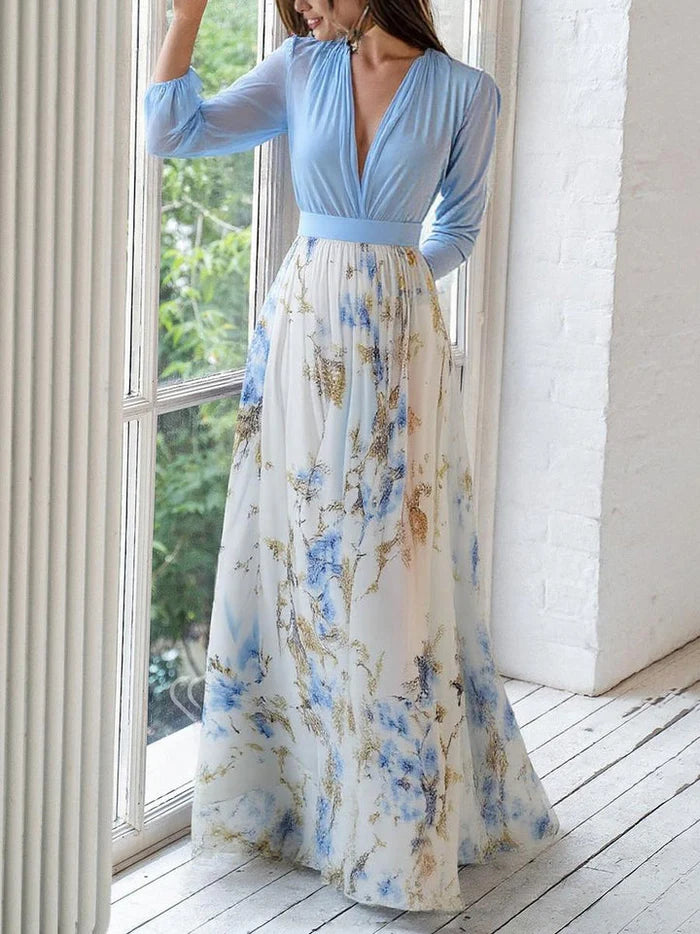 Elara – Floral Maxi Dress with Plunge Neckline and Sheer Sleeves