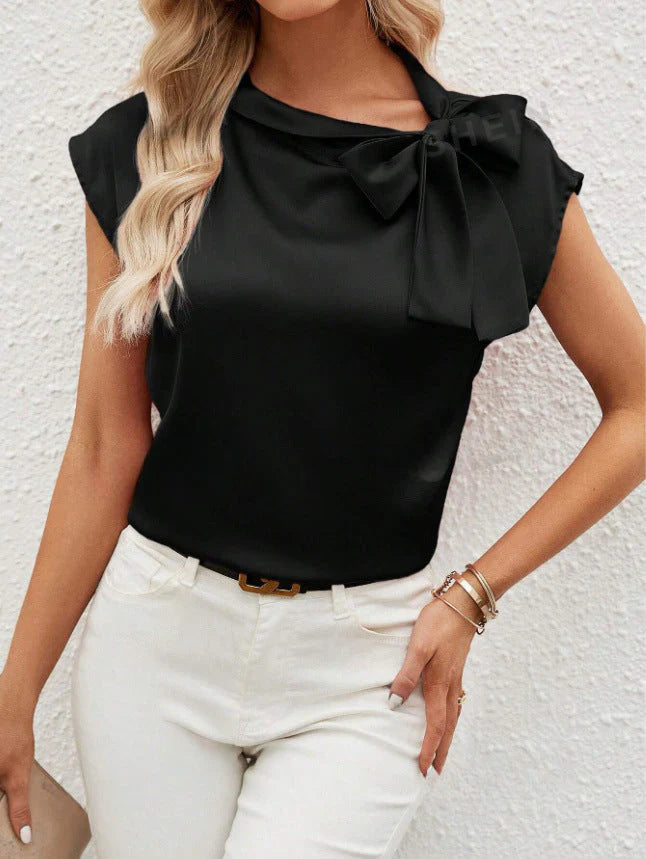 Elowen – Blouse with Bow Tie Neck and Cap Sleeves
