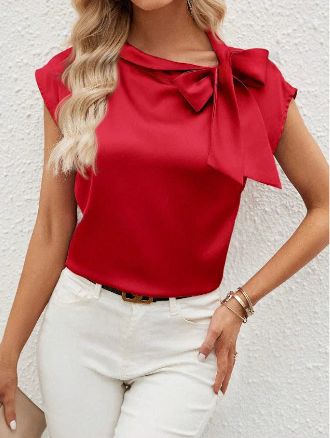 Elowen – Blouse with Bow Tie Neck and Cap Sleeves