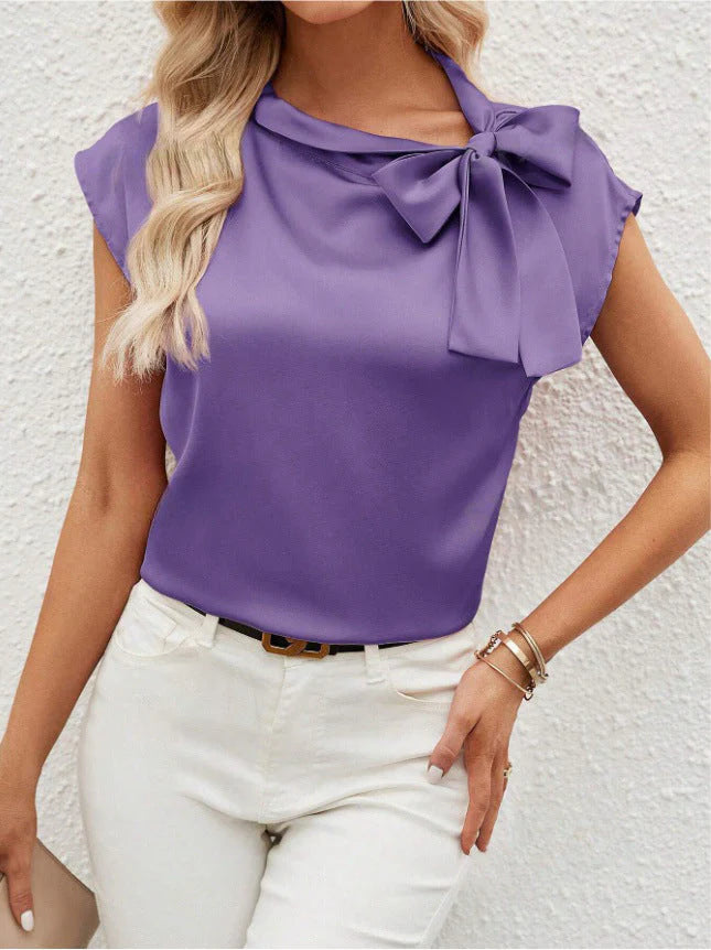 Elowen – Blouse with Bow Tie Neck and Cap Sleeves
