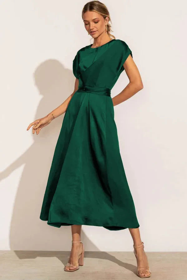 Elena – Midi Dress with Draped Bodice and Cap Sleeves