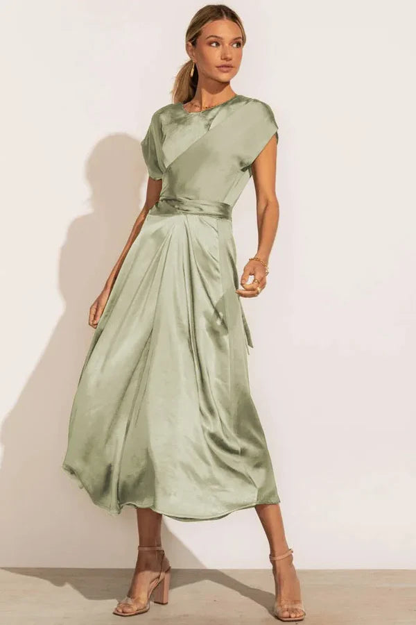 Elena – Midi Dress with Draped Bodice and Cap Sleeves