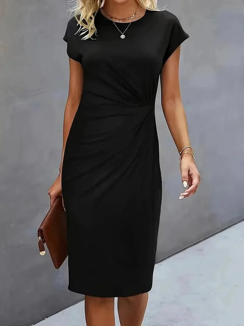 Elena – Slim Fit Midi Dress with Ruched Waist and Cap Sleeves