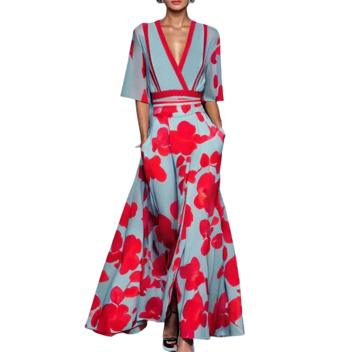 Elena – Wrap Maxi Dress with Wide Sleeves and Floral Print