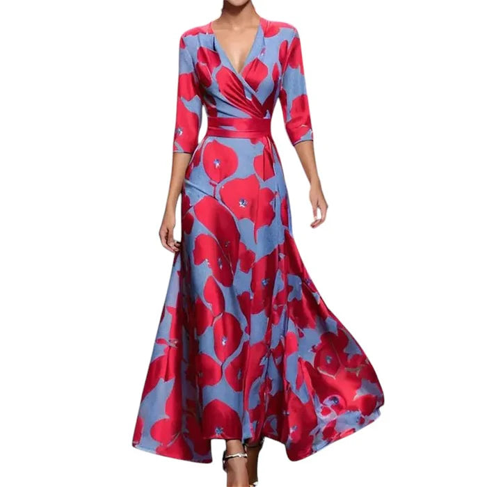 Elena – Wrap Maxi Dress with Wide Sleeves and Floral Print