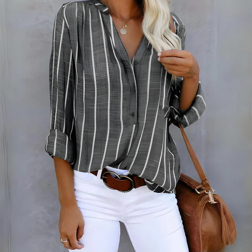 Emmanuelle - Striped Button-Up Blouse with Relaxed Fit and V-Neckline