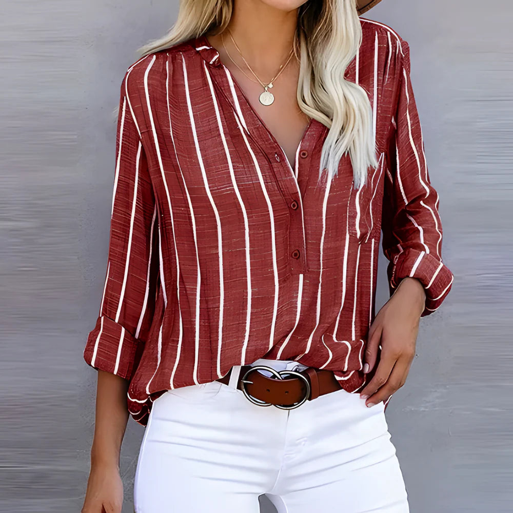 Emmanuelle - Striped Button-Up Blouse with Relaxed Fit and V-Neckline