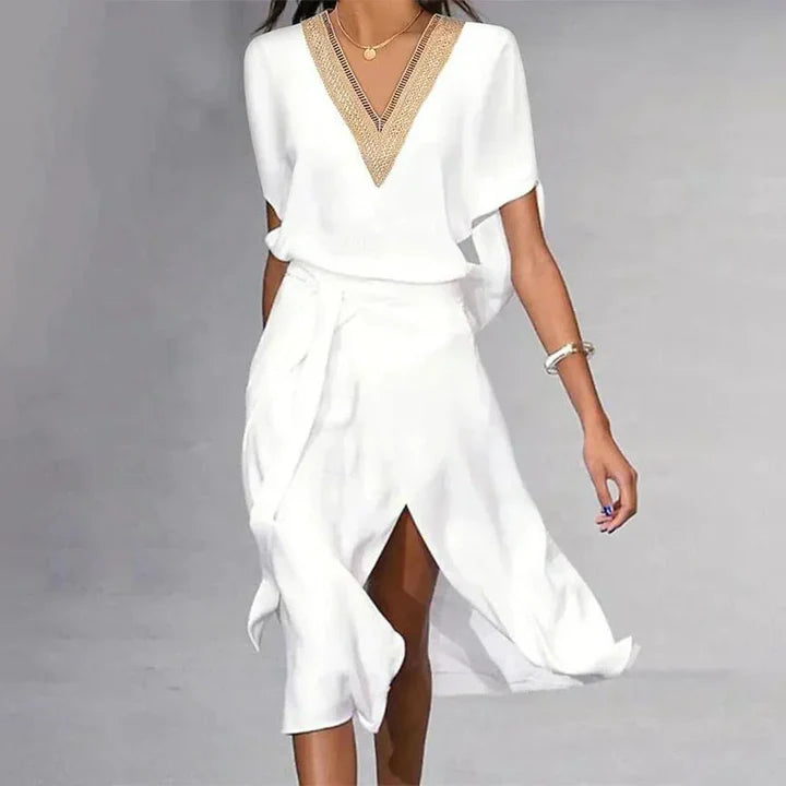 Esme – Polished V-Neck Midi Dress with Relaxed Fit and Crossover Skirt