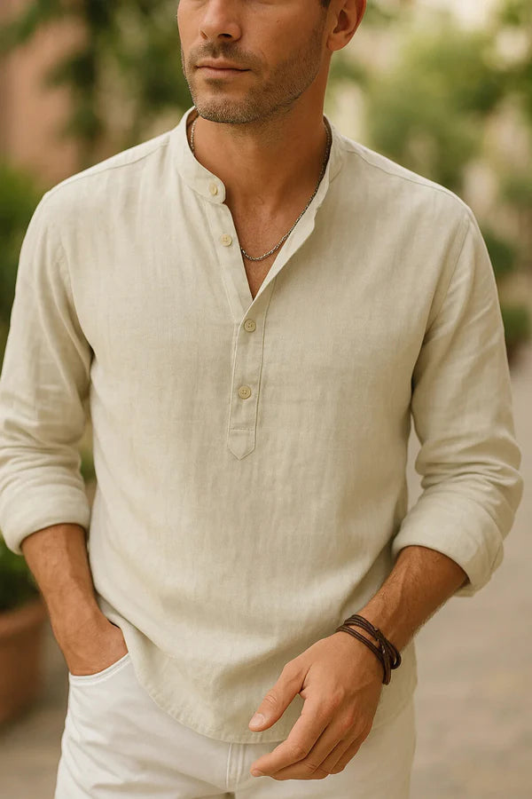 Ethan - Casual Henley Shirt with Mandarin Collar and Relaxed Fit