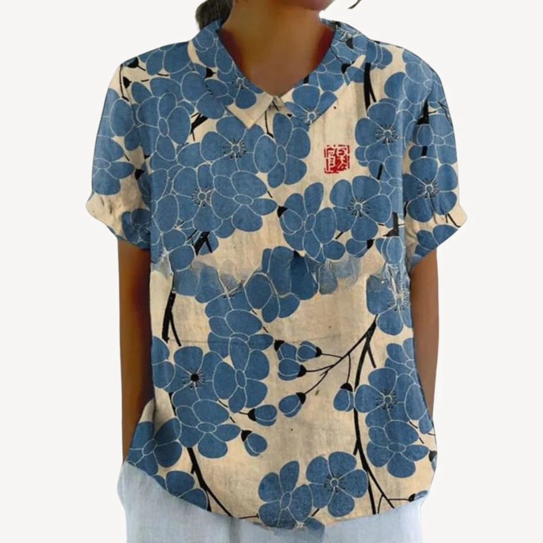 Faeryn – Lightweight Floral Blouse with Short Sleeves and Notch Neckline