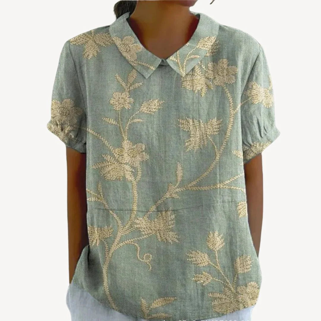 Faeryn – Lightweight Floral Blouse with Short Sleeves and Notch Neckline
