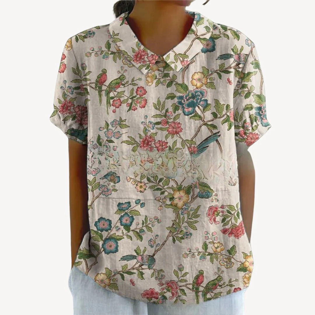 Faeryn – Lightweight Floral Blouse with Short Sleeves and Notch Neckline