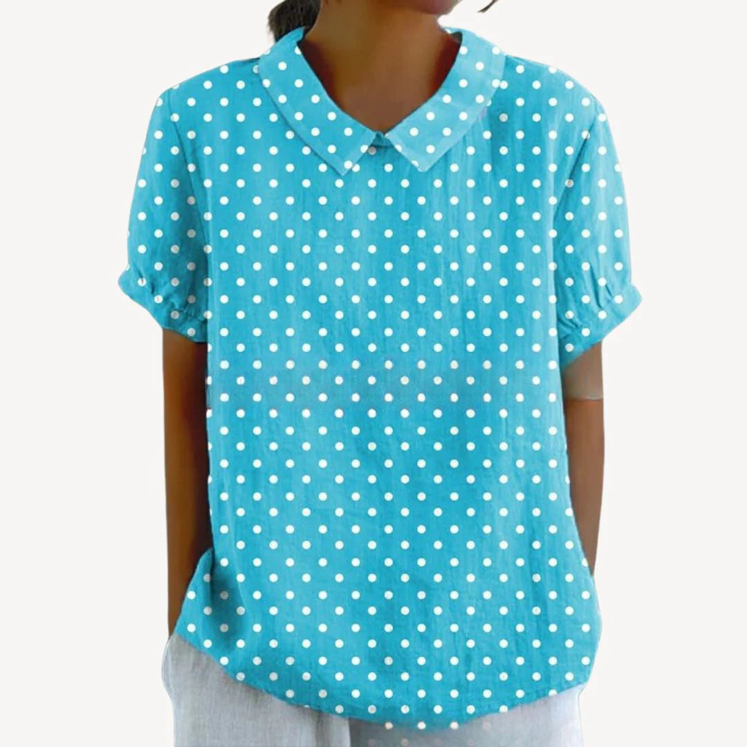 Faeryn – Lightweight Floral Blouse with Short Sleeves and Notch Neckline