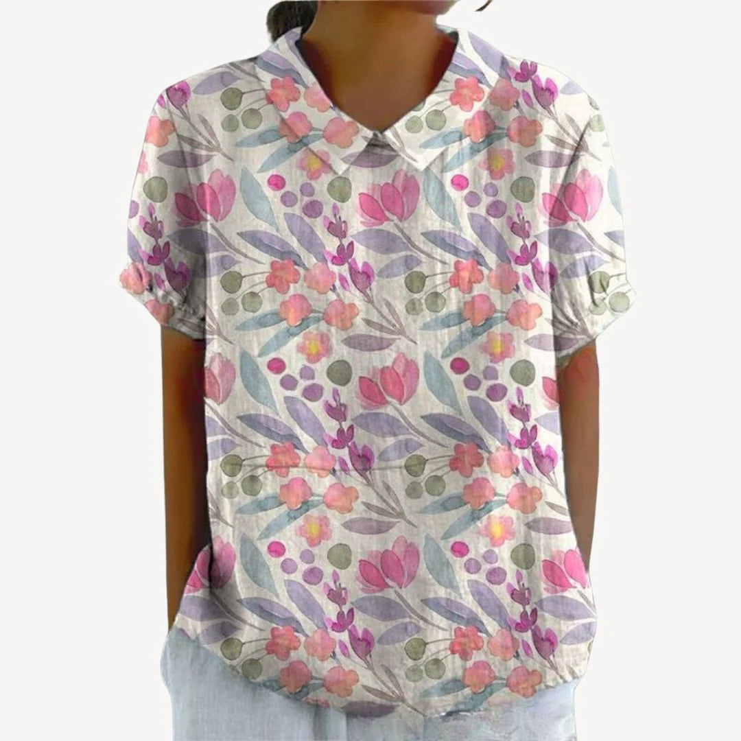 Faeryn – Lightweight Floral Blouse with Short Sleeves and Notch Neckline