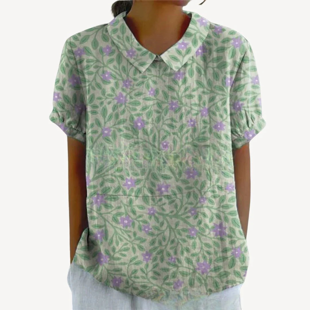 Faeryn – Lightweight Floral Blouse with Short Sleeves and Notch Neckline