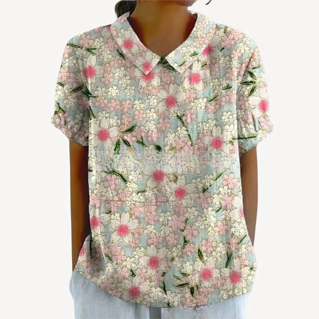 Faeryn – Lightweight Floral Blouse with Short Sleeves and Notch Neckline