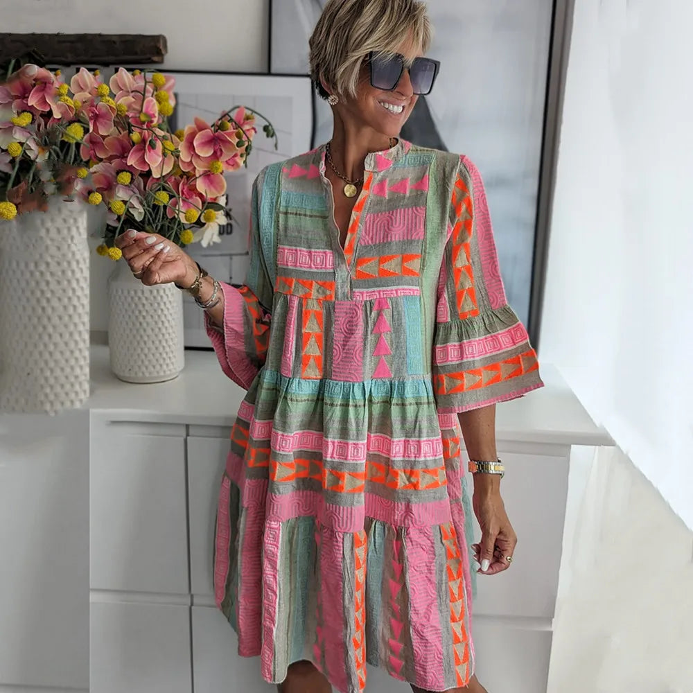 Evelyn – Bohemian Tiered Mini Dress with Geometric Embroidery
