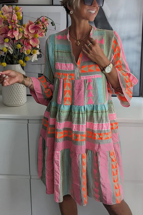Evelyn – Bohemian Tiered Mini Dress with Geometric Embroidery