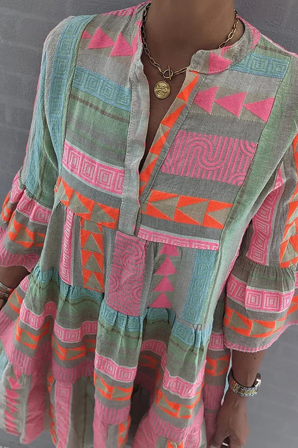 Evelyn – Bohemian Tiered Mini Dress with Geometric Embroidery
