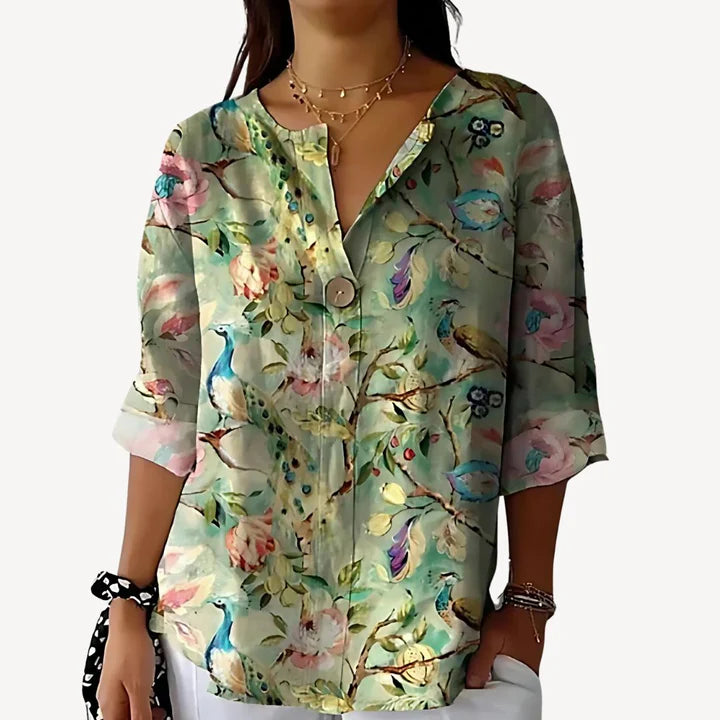 Aleris - Soft V-Neck Floral Top with Statement Button and Folded Sleeves