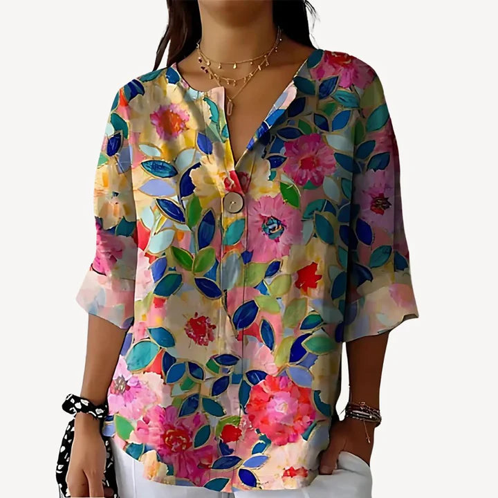 Aleris - Soft V-Neck Floral Top with Statement Button and Folded Sleeves