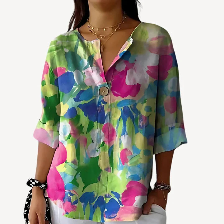 Aleris - Soft V-Neck Floral Top with Statement Button and Folded Sleeves
