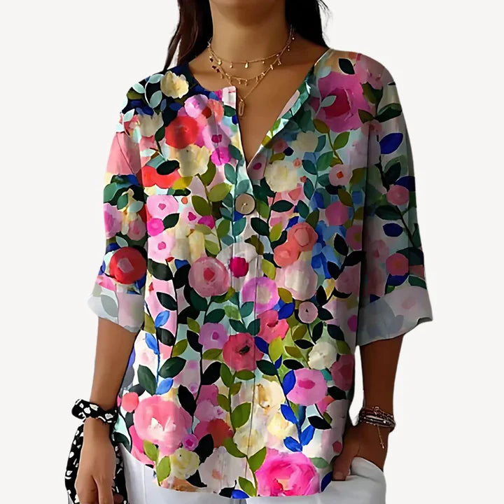 Aleris - Soft V-Neck Floral Top with Statement Button and Folded Sleeves