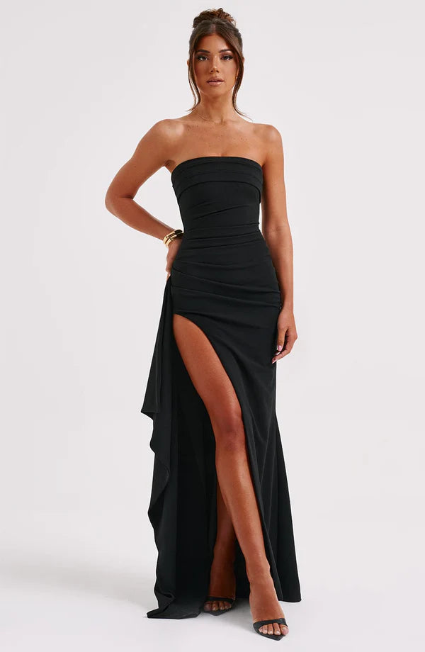 Giselle – Formal Strapless Gown with Draped Detail and Slit Hem