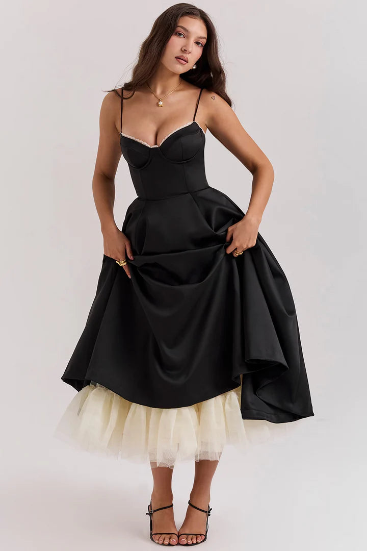 Grace - Fit and Flare Midi Dress with Sweetheart Neckline and Spaghetti Straps