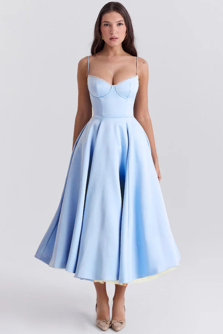 Grace - Fit and Flare Midi Dress with Sweetheart Neckline and Spaghetti Straps