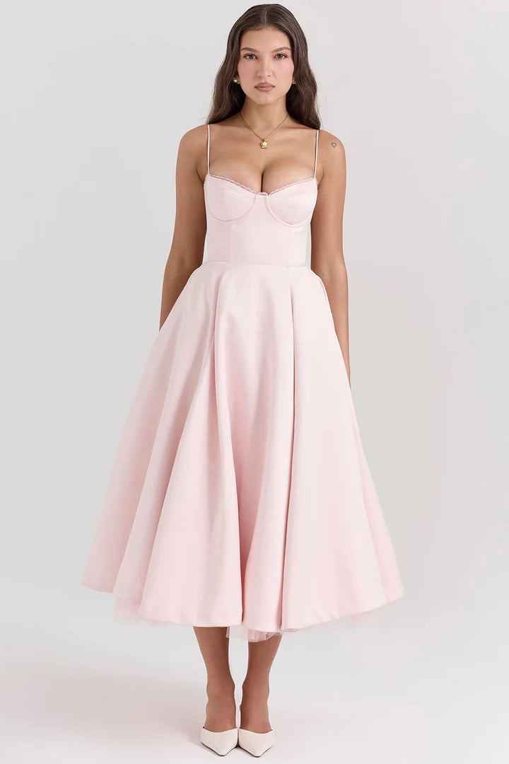 Grace - Fit and Flare Midi Dress with Sweetheart Neckline and Spaghetti Straps