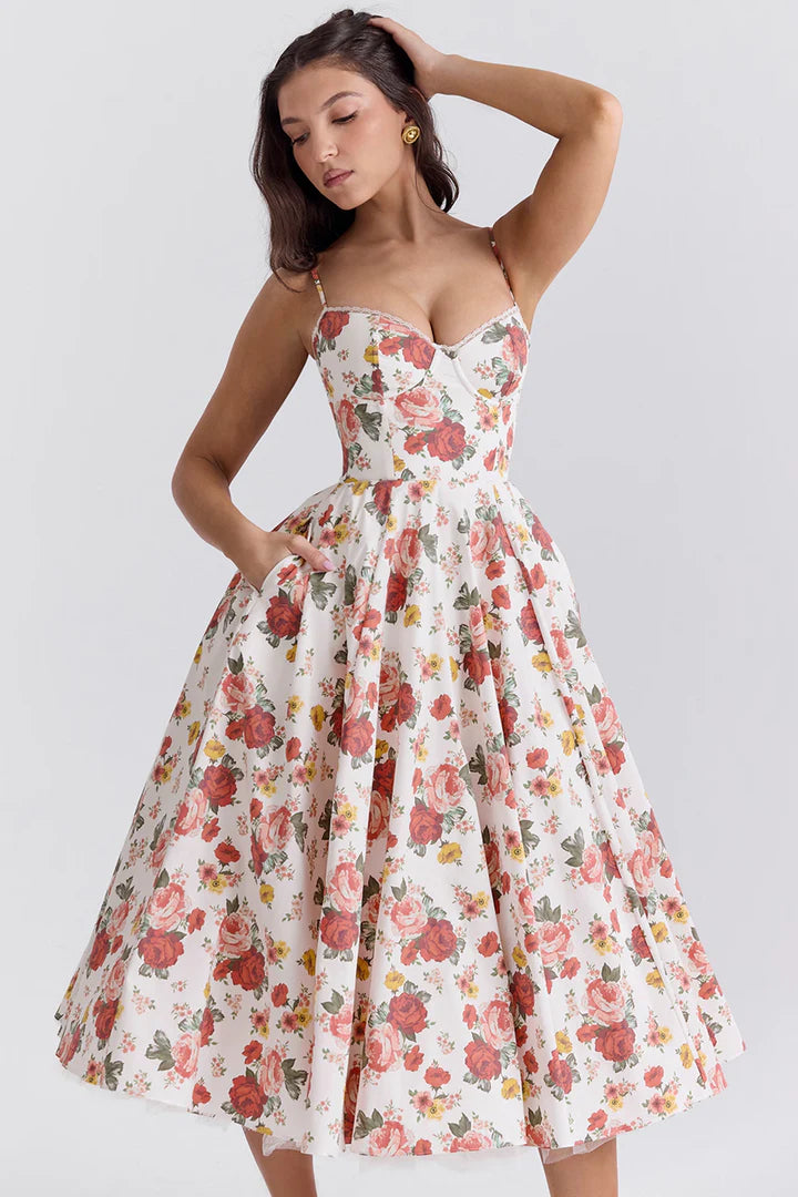 Grace - Fit and Flare Midi Dress with Sweetheart Neckline and Spaghetti Straps