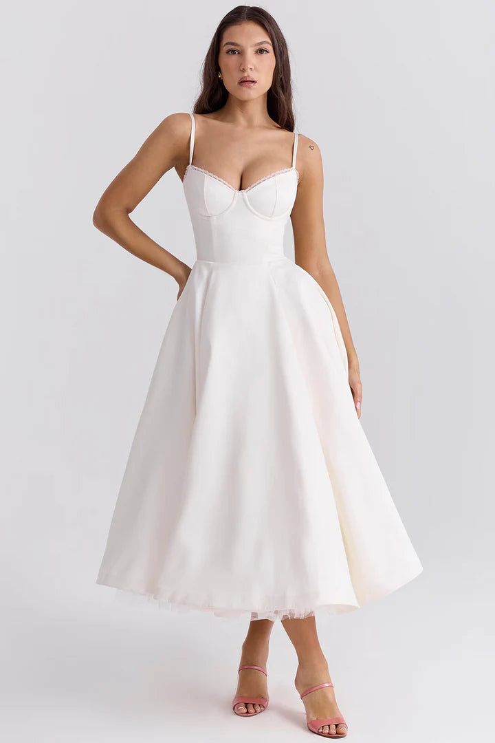 Grace - Fit and Flare Midi Dress with Sweetheart Neckline and Spaghetti Straps