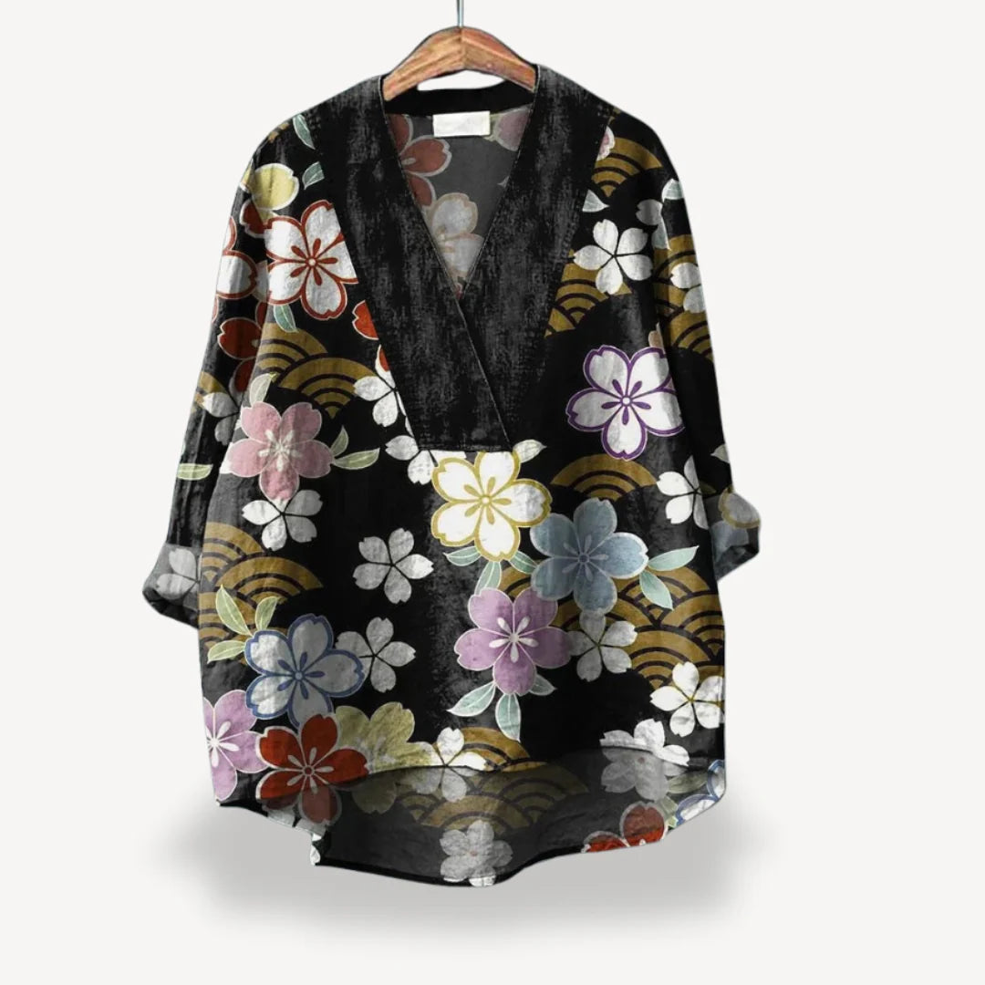 Saphira - Floral Kimono Blouse with Deep V-Neck and Relaxed Fit
