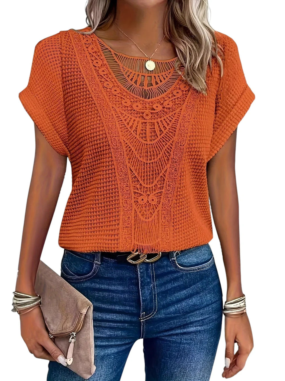 Helena - Crochet Top with Short Sleeves and Boho Detailing