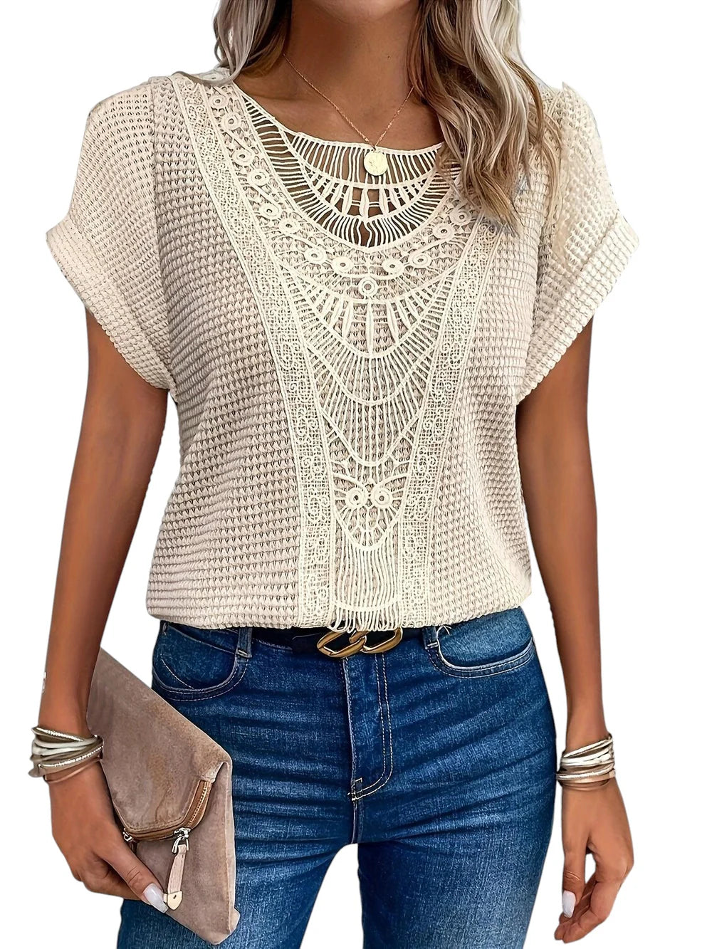 Helena - Crochet Top with Short Sleeves and Boho Detailing